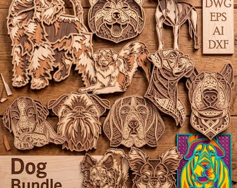 Dog Bundle multilayer Svg. Laser cut file. Layer construction. Plywood cutting. CNC. Mandala plywood
