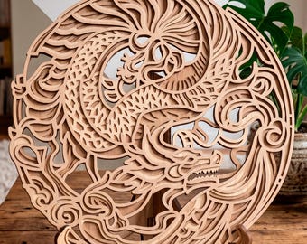 Dragon multilayer SVG. Laser cut file. Layer construction. Plywood cutting. CNC. Mandala plywood