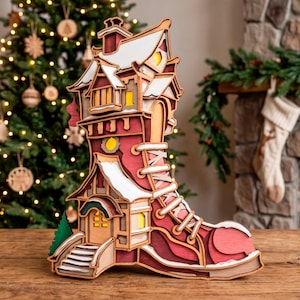 3D Christmas Boot House SVG Laser Cut File Layered Santa Shoe Shadow Box DXF