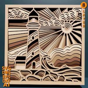 SVG multicapa de faro. Archivo cortado a láser. Construcción de capas. Corte de contrachapado. CNC. Contrachapado Mandala.