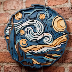 Starry Night multilayer SVG. Laser cut file. Layer construction. Plywood cutting. CNC. Mandala plywood