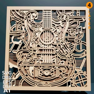 Gitara wielowarstwowa w formacie SVG. Plik wycinany laserowo. Konstrukcja warstwowa. Cięcie sklejki. CNC. Sklejka mandala.