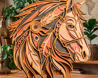 Horse multilayer SVG. Laser cut file. Layer construction. Plywood cutting. CNC. Mandala plywood
