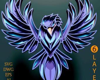 Raven multilayer SVG. Laser cut file. Layer construction. Plywood cutting. CNC. Mandala