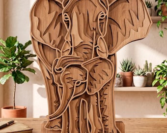 Elephant multilayer SVG. Laser cut file. Layer construction. Plywood cutting. CNC. Mandala plywood