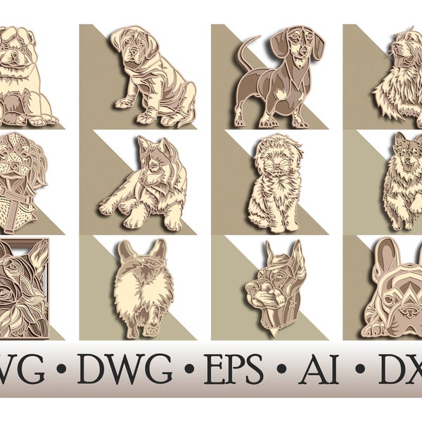 Hunde Bundle multilayer SVG/ Hunde Bundle Schnittdatei/ 3D Schicht/ Sperrholzschnitt/ Papierschnitt/ SVG-Datei/ 3D Mandala Sperrholz