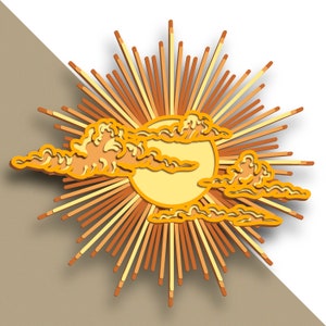 Puede incluir: Una ilustración estilizada de un sol con rayos y nubes en tonos amarillos y naranjas.