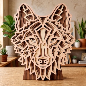 May include: A layered wooden sculpture of a wolf's head. The artwork features a detailed design with various shades of brown and tan wood, creating a three-dimensional effect. The wolf's eyes, nose, and fur are intricately carved.