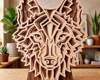 Wolf multilayer SVG. Laser cut file. Layer construction. Plywood cutting. CNC. Mandala plywood