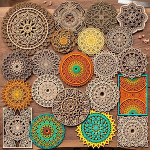 Puede incluir: Una colección de diseños de mandalas de madera tallada intrincadamente en varios tamaños y colores. Los diseños incluyen formas circulares y rectangulares con patrones detallados. Los colores van desde tonos de madera natural hasta tonos vibrantes de amarillo, naranja y turquesa.