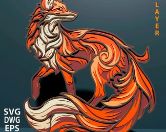 Fox multilayer SVG. Laser cut file. Layer construction. Plywood cutting. CNC. Mandala plywood