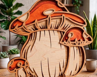 May include: A multi-layered wooden mushroom sculpture, featuring a natural wood grain base and orange-hued caps. The design incorporates several layers, producing a 3D effect. The artwork is presented on a wooden surface, reflecting a nature-inspired theme.