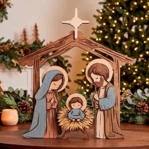 May include: A wooden nativity scene featuring a stable structure with a star at the top. The figures of Mary, Joseph, and the infant Jesus are depicted in layered wood with blue, brown, and tan tones. Mary wears a blue head covering, Joseph holds a staff, and the infant rests in a manger.