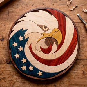Könnte beinhalten: Runde Holz-Kunst mit einem Adler-Design. Der Adlerkopf ist aus hellem Holz gefertigt, mit roten und weißen Streifen und einem blauen Bereich mit weißen Sternen. Das Kunstwerk ist von einem dunklen Holzrahmen umgeben, ca. 30 cm im Durchmesser.