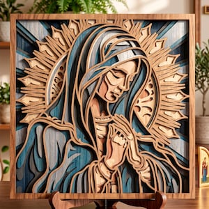 Virgin Mary multilayer SVG. Laser cut file. Layer construction. Plywood cutting. CNC. Mandala plywood