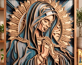 Virgin Mary multilayer SVG. Laser cut file. Layer construction. Plywood cutting. CNC. Mandala plywood