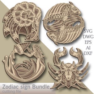 Pakiet znaków zodiaku wielowarstwowy Svg/ Pakiet znaków zodiaku plik do cięcia/ Warstwa 3D/ Cięcie ze sklejki/ Cięcie papieru/ Plik Svg/ Sklejka mandala 3D