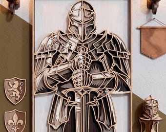 May include: A multi-layered wooden wall art piece depicting a knight in full armor holding a sword. The design features intricate cutouts in shades of brown, cream, and black. Two small wooden shields with lion and fleur-de-lis icons are included.