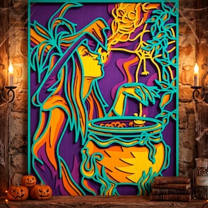 May include: A multi-layered wooden wall art piece featuring a witch in a pointed hat stirring a cauldron. The design uses vibrant purple, orange, and teal colors to create a dimensional effect, depicting smoke rising from the pot into a skull shape.