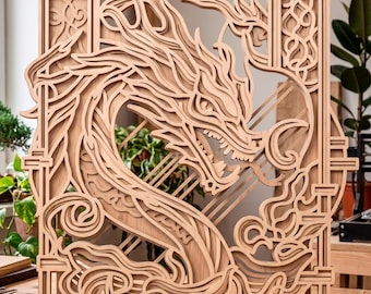 Dragon multilayer SVG. Laser cut file. Layer construction. Plywood cutting. CNC. Mandala plywood