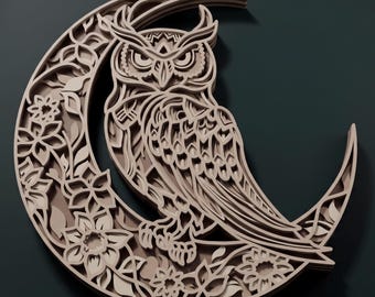 Owl multilayer SVG. Laser cut file. Layer construction. Plywood cutting. CNC. Mandala plywood