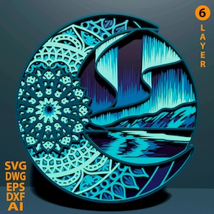 Northern Lights multilayer SVG. Laser cut file. Layer construction. Plywood cutting. CNC. Mandala plywood