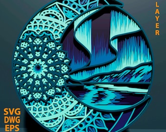Northern Lights multilayer SVG. Laser cut file. Layer construction. Plywood cutting. CNC. Mandala plywood