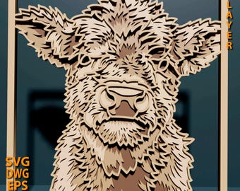 Highland Cow multilayer SVG. Laser cut file. Layer construction. Plywood cutting. CNC. Mandala