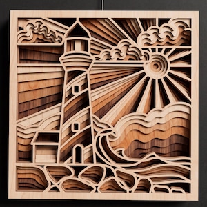 Lighthouse multilayer SVG. Laser cut file. Layer construction. Plywood cutting. CNC. Mandala plywood