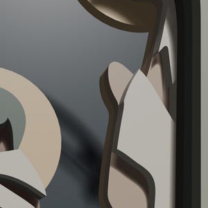 May include: A layered wall art piece featuring abstract geometric shapes in muted tones of beige, sage green, dark gray, and cream. The composition consists of stacked, cut-out elements that create depth through shadows and overlapping forms.