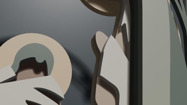 May include: A layered wall art piece featuring abstract geometric shapes in muted tones of beige, sage green, dark gray, and cream. The composition consists of stacked, cut-out elements that create depth through shadows and overlapping forms.