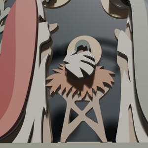 May include: A layered paper-cut style nativity scene featuring stylized figures of two adults in muted pink and sage green robes standing on either side of a central infant figure resting in a manger, all framed by decorative foliage elements.