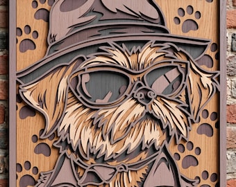 May include: A square layered wooden wall art piece featuring a stylized dog wearing a hat, sunglasses, and a scarf. The design is composed of multiple shades of brown wood, showcasing a detailed portrait of the dog against a background of paw prints.