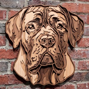 May include: A multi-layered wooden wall art piece shaped like a dog head. The design features various shades of natural wood, ranging from light tan to dark brown, creating depth and texture through stacked cutouts that define the facial features.