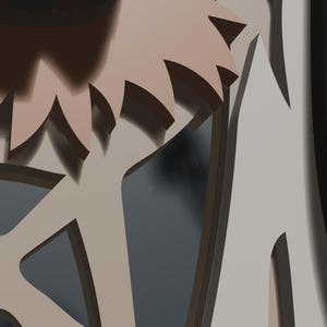 May include: A layered laser-cut wooden structure featuring a light beige gear-like component with pointed edges positioned above a geometric support frame. The design incorporates depth through stacked panels in shades of beige and dark gray.