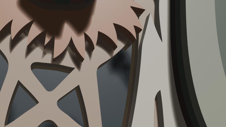 May include: A layered laser-cut wooden structure featuring a light beige gear-like component with pointed edges positioned above a geometric support frame. The design incorporates depth through stacked panels in shades of beige and dark gray.