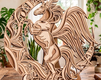 May include: A wooden, layered Pegasus sculpture. The mythical winged horse is set within a crescent moon and floral design. The sculpture is made of light brown wood and stands on a wooden stand. The wings are detailed with layered wood.
