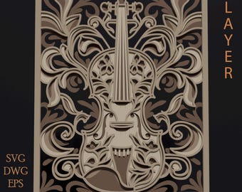 Violin multilayer SVG. Laser cut file. Layer construction. Plywood cutting. CNC. Mandala plywood