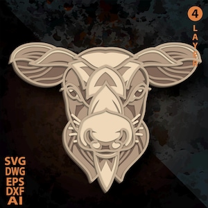 Cow multilayer SVG. Laser cut file. Layer construction. Plywood cutting. CNC. Mandala plywood