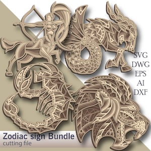 Pakiet znaków zodiaku wielowarstwowy Svg/ Pakiet znaków zodiaku plik do cięcia/ Warstwa 3D/ Cięcie ze sklejki/ Cięcie papieru/ Plik Svg/ Sklejka mandala 3D