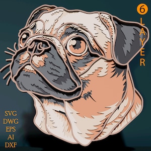Pug multilayer SVG. Laser cut file. Layer construction. Plywood cutting. CNC. Mandala plywood