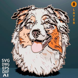 Australian Shepherd multilayer SVG. Laser cut file. Layer construction. Plywood cutting. CNC. Mandala plywood