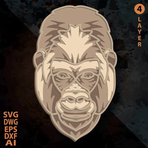 SVG multicapa de gorila. Archivo cortado a láser. Construcción de capas. Corte de contrachapado. CNC. Contrachapado Mandala.