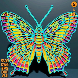 Mariposa SVG multicapa. Archivo cortado a láser. Construcción de capas. Corte en contrachapado. CNC. Mandala.