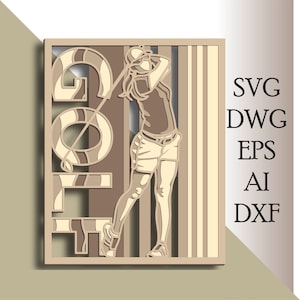 May include: A laser cut design of a woman playing golf with the word "GOLF" in the background. The design is in shades of brown and beige.