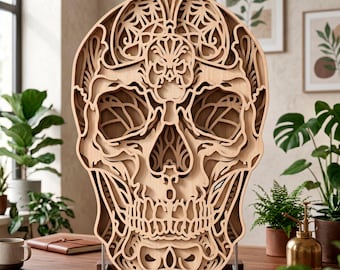 Sugar Skull multilayer SVG. Laser cut file. Layer construction. Plywood cutting. CNC. Mandala plywood