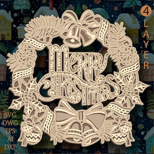 Christmas Wreath multilayer SVG. Laser cut file. Layer construction. Plywood cutting. CNC. Mandala plywood