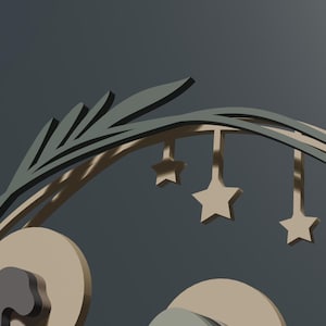 May include: A decorative wall hanging featuring a dark green arched frame adorned with leaf-like silhouettes. Suspended from the arch are four five-pointed stars in a light beige tone. The design includes circular beige elements at the base.