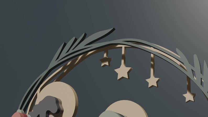 May include: A decorative wall hanging featuring a dark green arched frame adorned with leaf-like silhouettes. Suspended from the arch are four five-pointed stars in a light beige tone. The design includes circular beige elements at the base.