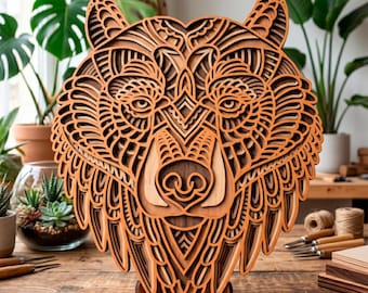 Bear multilayer SVG. Laser cut file. Layer construction. Plywood cutting. CNC. Mandala plywood